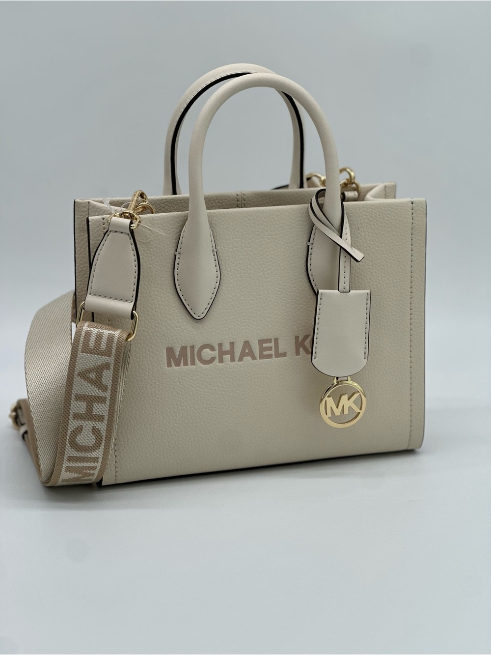 Michael Kors Cream Leather Satchel with Logo Strap and MK Charm